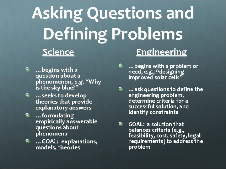 Asking Questions and Defining Problems Science …begins with a question about a phenomenon, e.