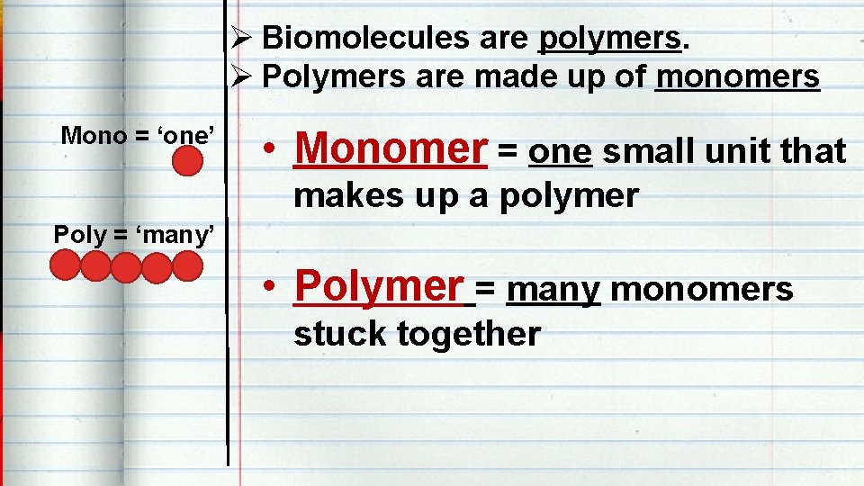 Ø Biomolecules are polymers. Ø Polymers are made up of monomers Mono = ‘one’