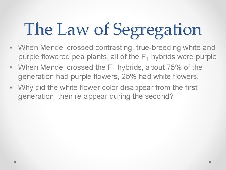 The Law of Segregation • When Mendel crossed contrasting, true-breeding white and purple flowered