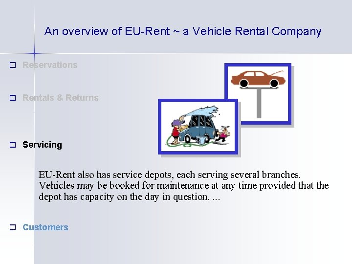 An overview of EU-Rent ~ a Vehicle Rental Company Reservations Rentals & Returns Servicing