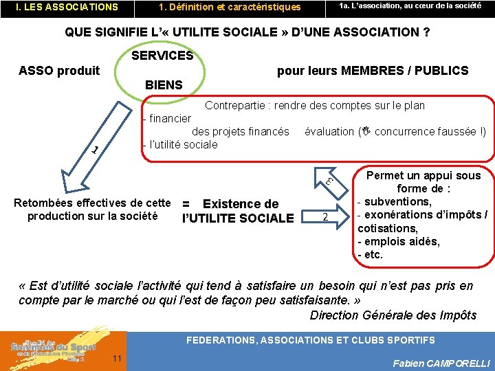 I. LES ASSOCIATIONS 1. Définition et caractéristiques 1 a. L’association, au cœur de la