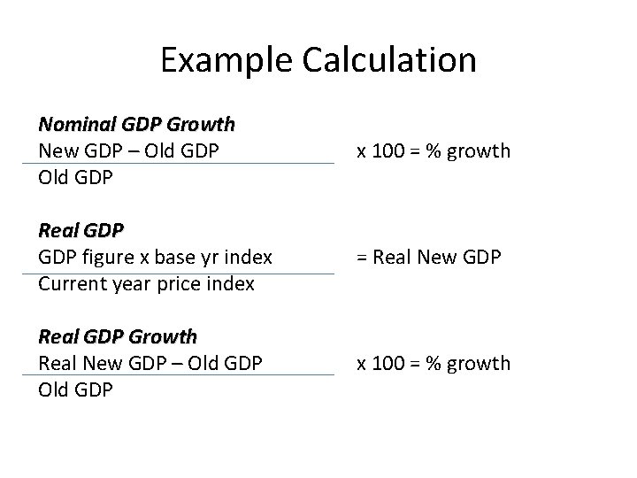 Example Calculation Nominal GDP Growth New GDP – Old GDP x 100 = %