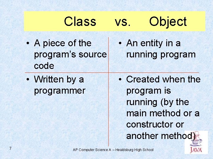 Class • A piece of the program’s source code • Written by a programmer
