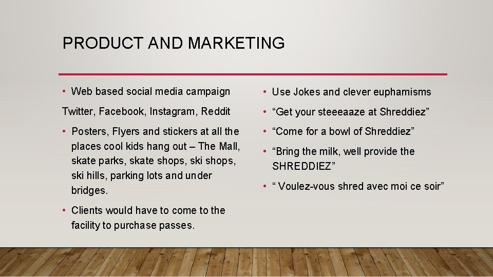 PRODUCT AND MARKETING • Web based social media campaign • Use Jokes and clever