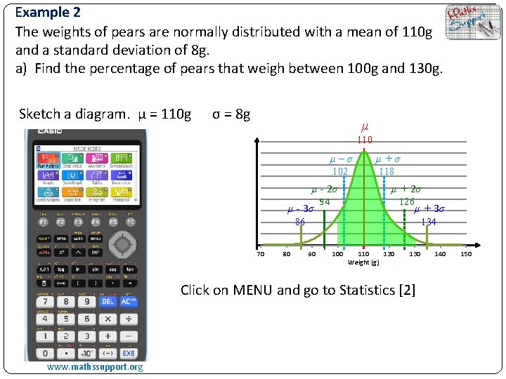 Example 2 The weights of pears are normally distributed with a mean of 110