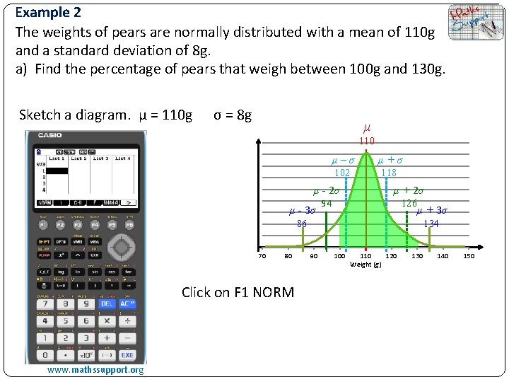 Example 2 The weights of pears are normally distributed with a mean of 110