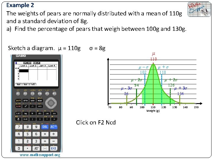 Example 2 The weights of pears are normally distributed with a mean of 110