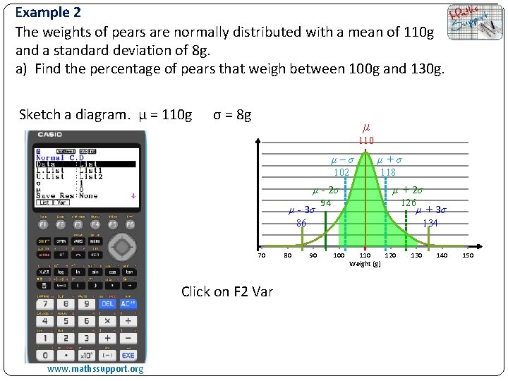 Example 2 The weights of pears are normally distributed with a mean of 110