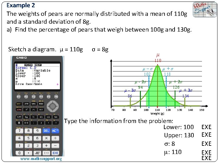 Example 2 The weights of pears are normally distributed with a mean of 110