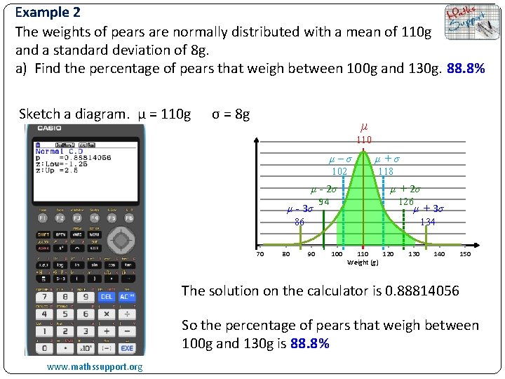 Example 2 The weights of pears are normally distributed with a mean of 110