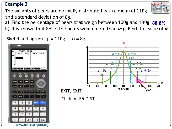 Example 2 The weights of pears are normally distributed with a mean of 110