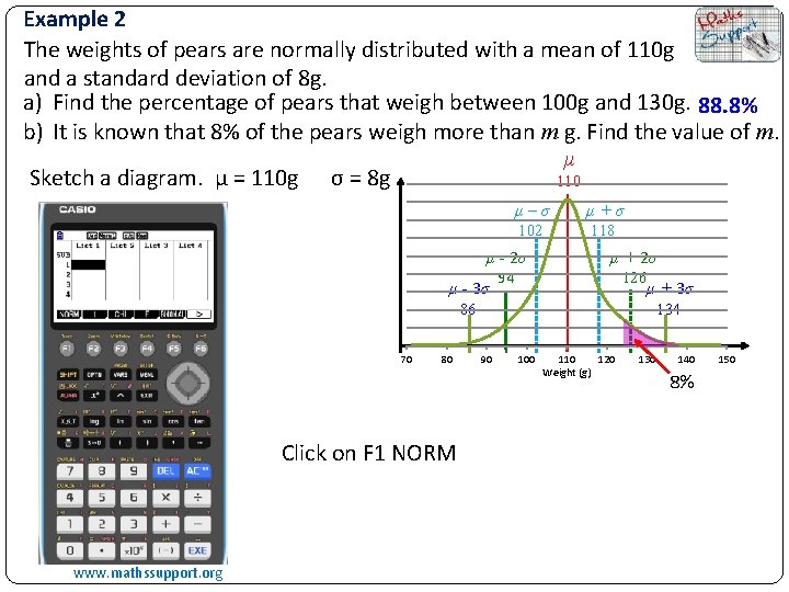 Example 2 The weights of pears are normally distributed with a mean of 110