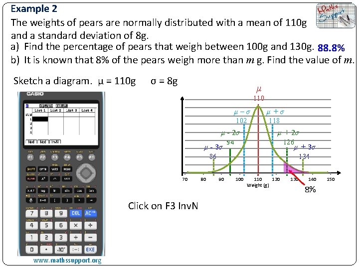 Example 2 The weights of pears are normally distributed with a mean of 110
