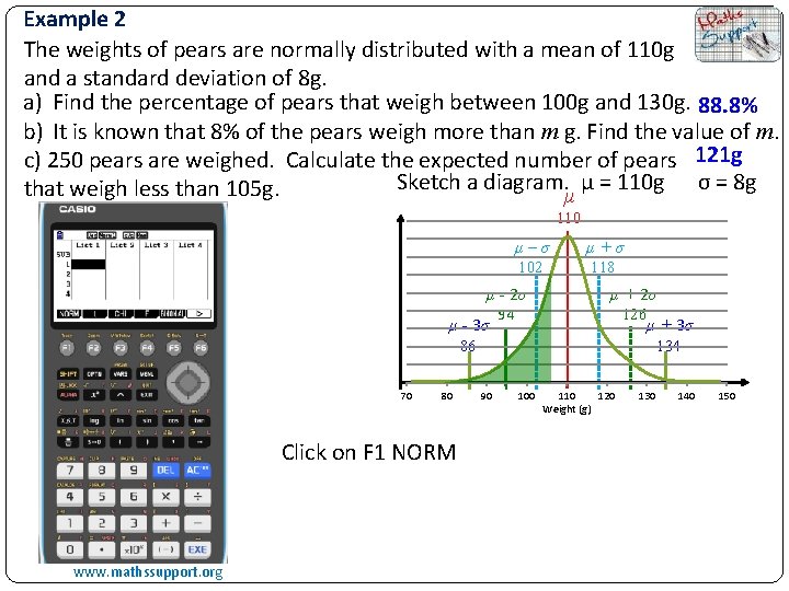 Example 2 The weights of pears are normally distributed with a mean of 110