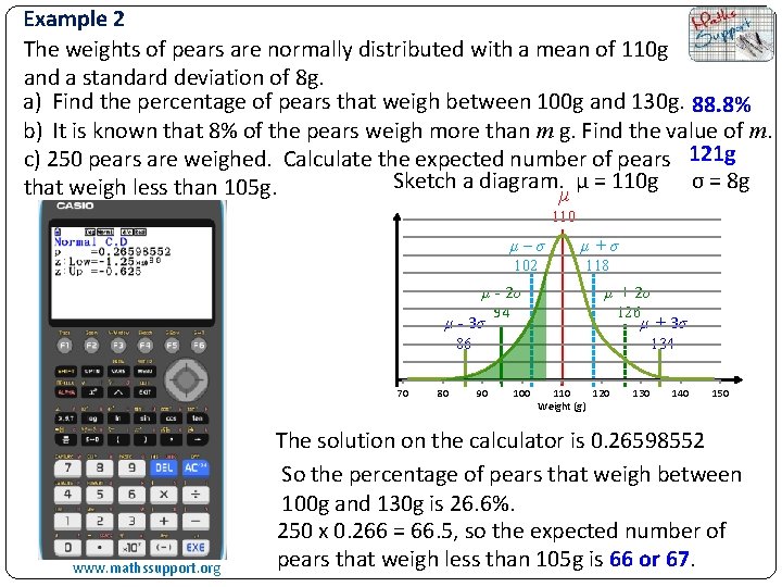 Example 2 The weights of pears are normally distributed with a mean of 110