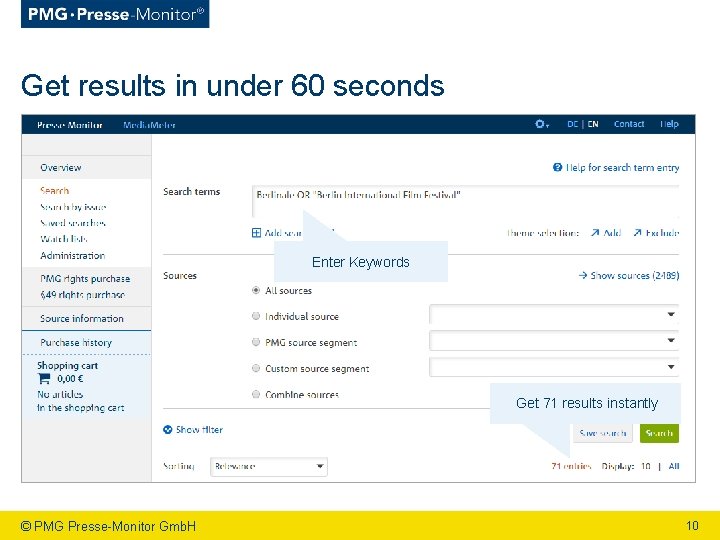 Get results in under 60 seconds Enter Keywords Get 71 results instantly © PMG