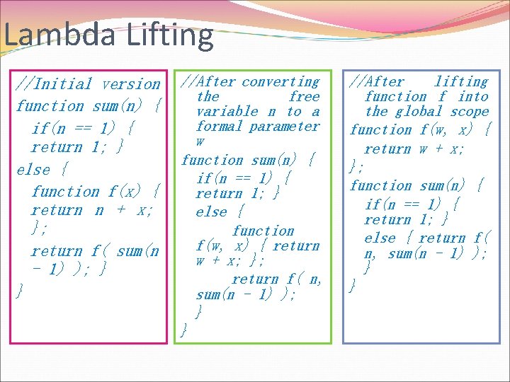 Lambda Lifting //Initial version function sum(n) { if(n == 1) { return 1; }