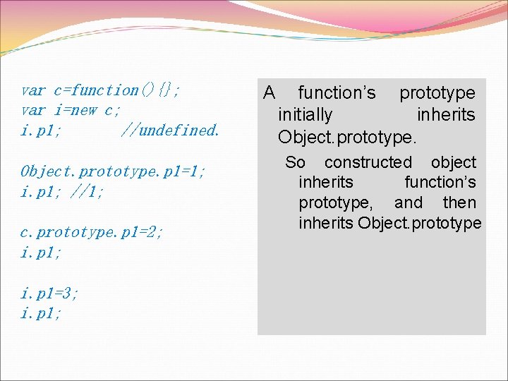 var c=function(){}; var i=new c; i. p 1; //undefined. Object. prototype. p 1=1; i.