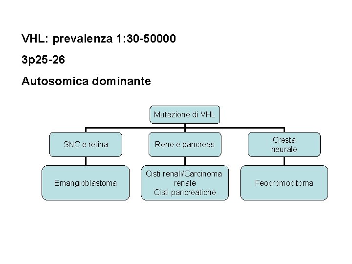 VHL: prevalenza 1: 30 -50000 3 p 25 -26 Autosomica dominante Mutazione di VHL