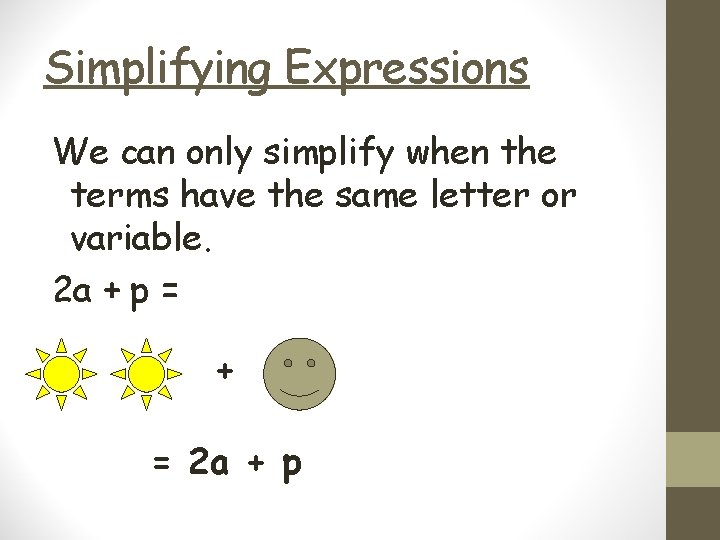 Simplifying Expressions We can only simplify when the terms have the same letter or