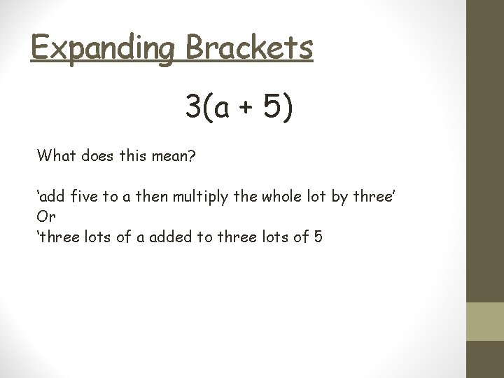 Expanding Brackets 3(a + 5) What does this mean? ‘add five to a then