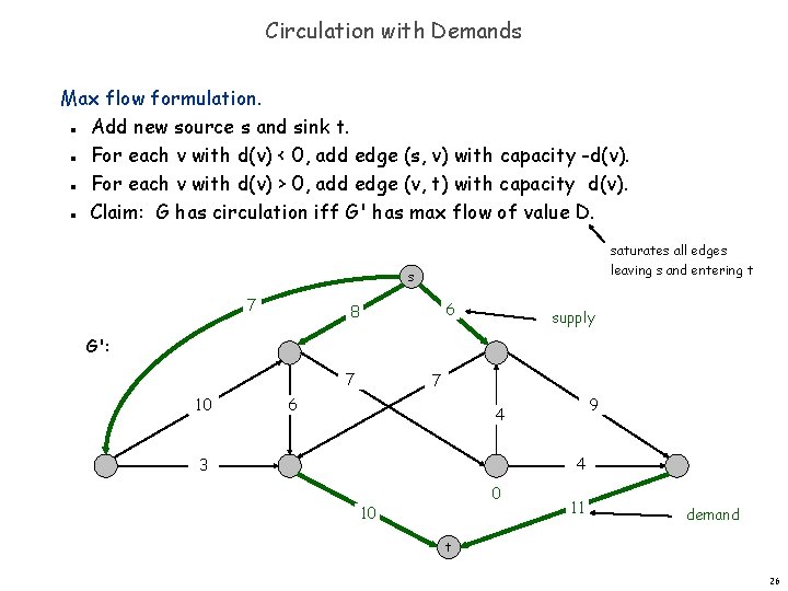 Circulation with Demands Max flow formulation. Add new source s and sink t. For