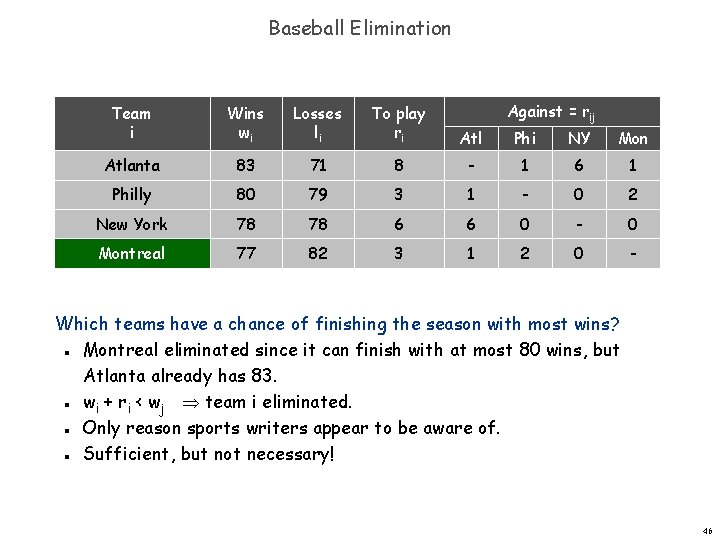 Baseball Elimination Against = rij Team i Wins wi Losses li To play ri