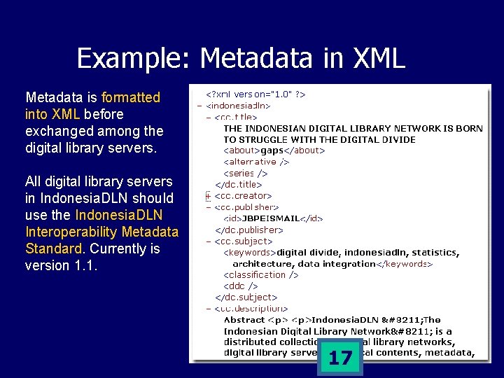 Example: Metadata in XML Metadata is formatted into XML before exchanged among the digital