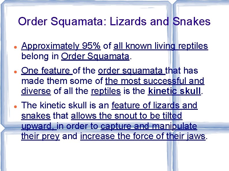 Order Squamata: Lizards and Snakes Approximately 95% of all known living reptiles belong in