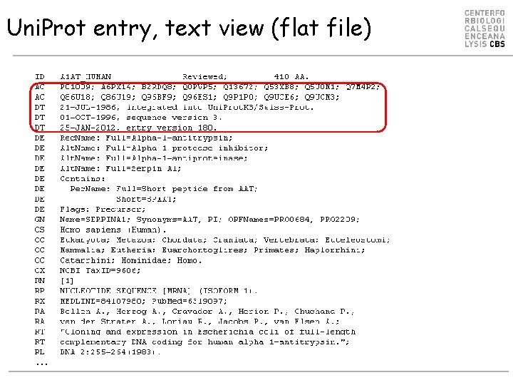 Uni. Prot entry, text view (flat file) … 