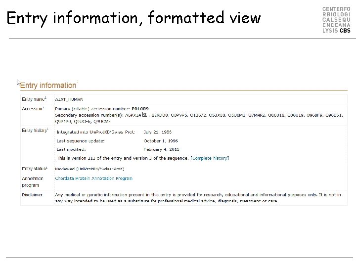 Entry information, formatted view 