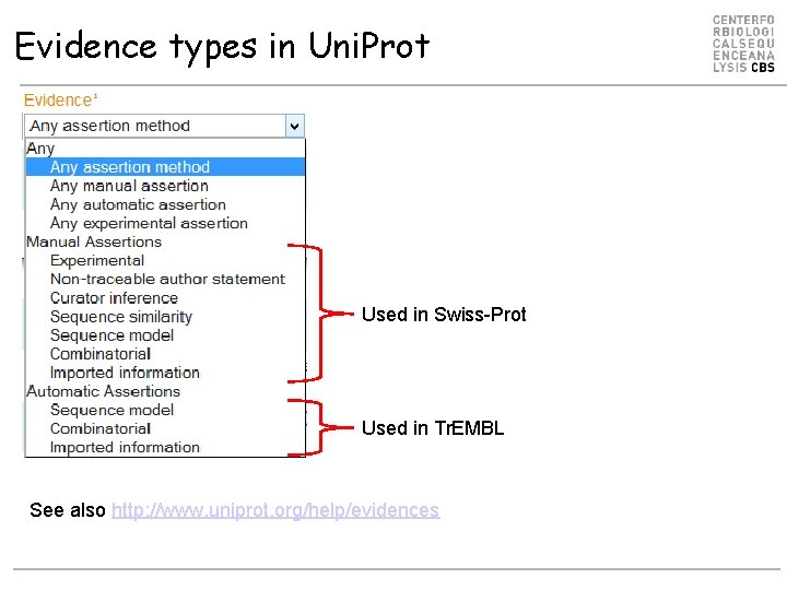 Evidence types in Uni. Prot Used in Swiss-Prot Used in Tr. EMBL See also