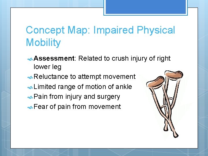 Concept Map: Impaired Physical Mobility Assessment: Related to crush injury of right lower leg