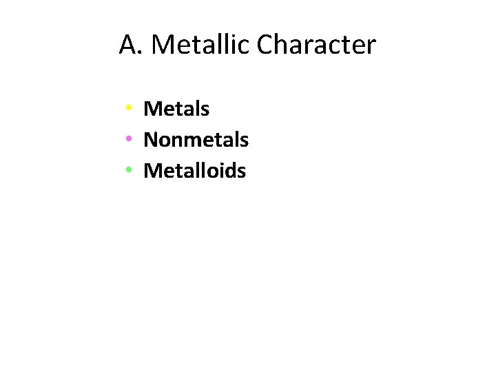 A. Metallic Character • Metals • Nonmetals • Metalloids 