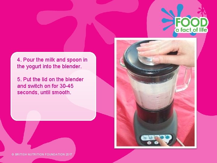 4. Pour the milk and spoon in the yogurt into the blender. 5. Put