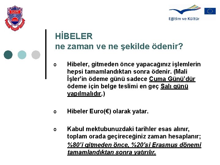 HİBELER ne zaman ve ne şekilde ödenir? o Hibeler, gitmeden önce yapacağınız işlemlerin hepsi