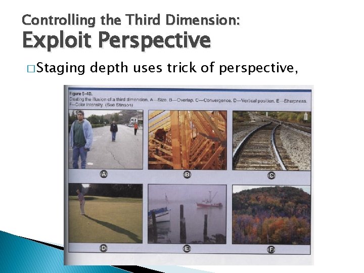 Controlling the Third Dimension: Exploit Perspective � Staging depth uses trick of perspective, 