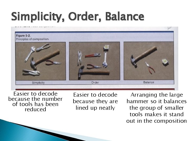 Simplicity, Order, Balance Easier to decode because the number of tools has been reduced