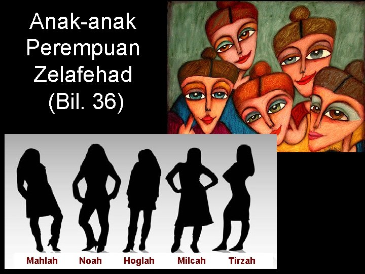 Anak-anak Perempuan Zelafehad (Bil. 36) Mahlah Noah Hoglah Milcah Tirzah 