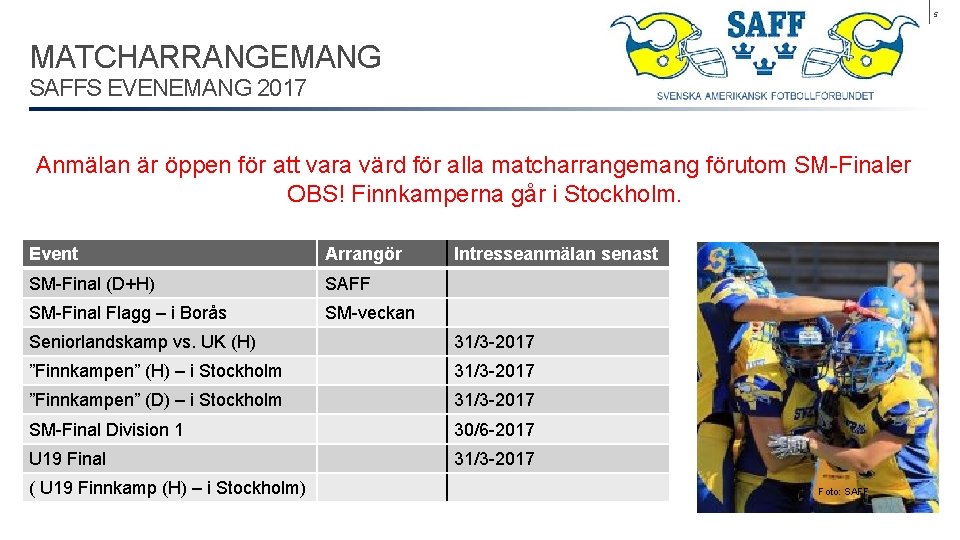 5 MATCHARRANGEMANG SAFFS EVENEMANG 2017 Anmälan är öppen för att vara värd för alla