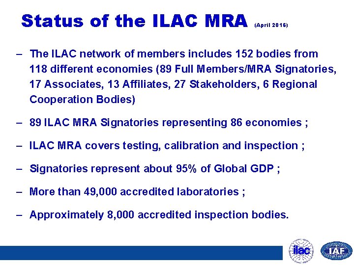 Status of the ILAC MRA (April 2016) – The ILAC network of members includes