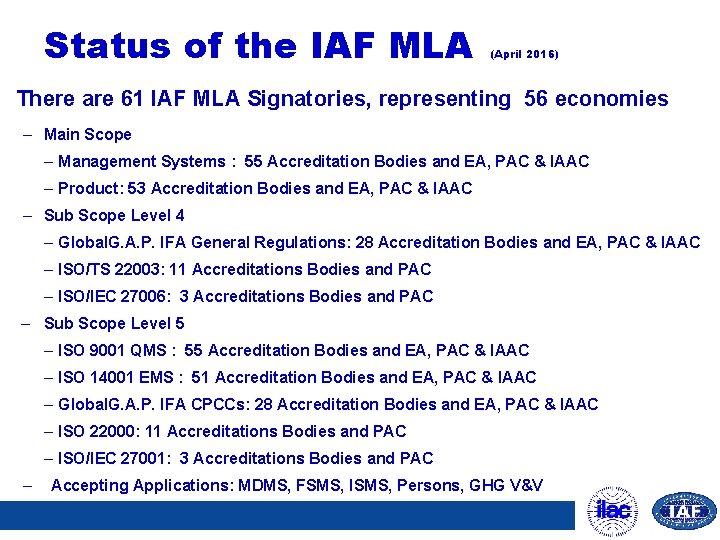 Status of the IAF MLA (April 2016) There are 61 IAF MLA Signatories, representing