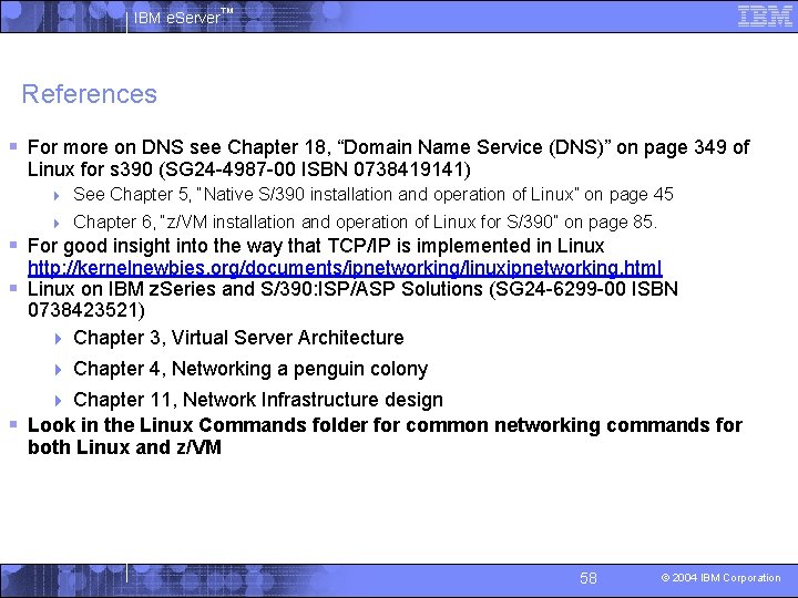 IBM e. Server™ References § For more on DNS see Chapter 18, “Domain Name