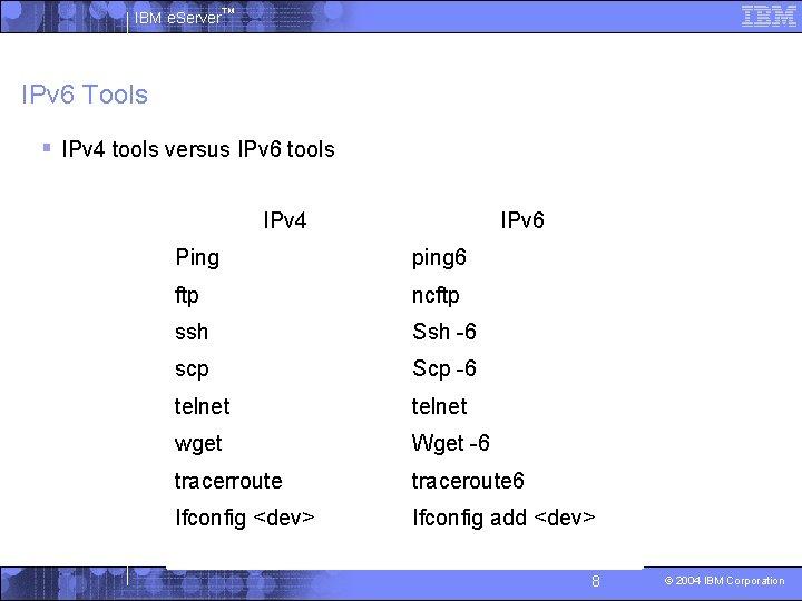 IBM e. Server™ IPv 6 Tools § IPv 4 tools versus IPv 6 tools