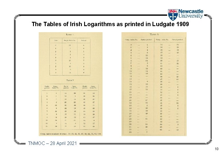 The Tables of Irish Logarithms as printed in Ludgate 1909 TNMOC – 28 April