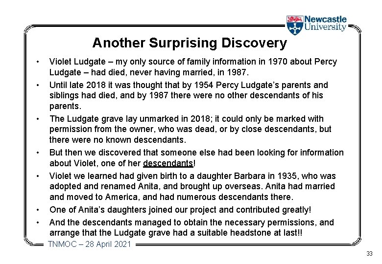 Another Surprising Discovery • • Violet Ludgate – my only source of family information