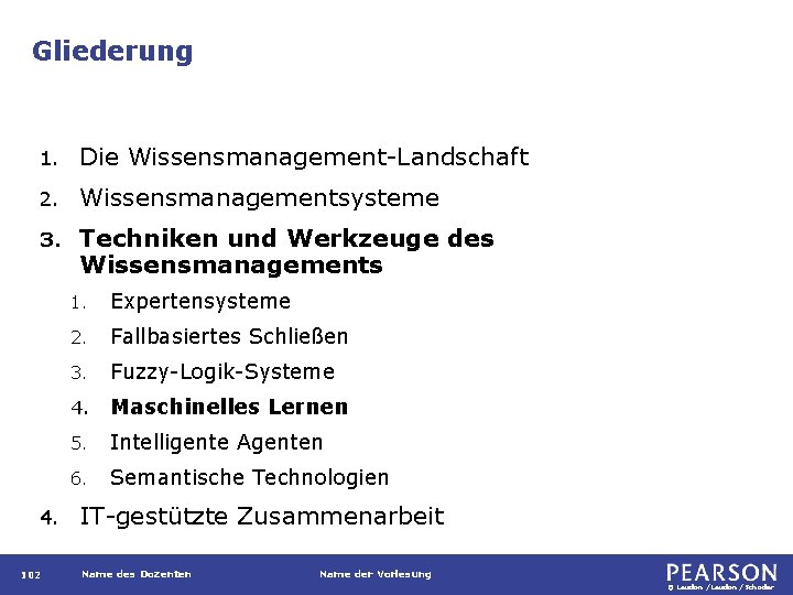 Gliederung 1. Die Wissensmanagement-Landschaft 2. Wissensmanagementsysteme 3. Techniken und Werkzeuge des Wissensmanagements 4. 102