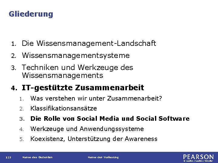 Gliederung 1. Die Wissensmanagement-Landschaft 2. Wissensmanagementsysteme 3. Techniken und Werkzeuge des Wissensmanagements 4. IT-gestützte