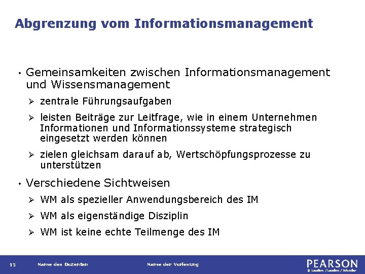 Abgrenzung vom Informationsmanagement • • 15 Gemeinsamkeiten zwischen Informationsmanagement und Wissensmanagement Ø zentrale Führungsaufgaben