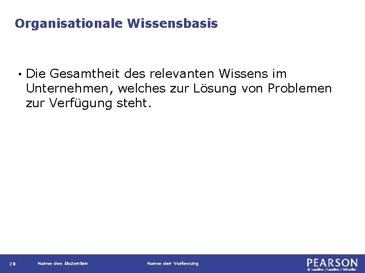 Organisationale Wissensbasis • 28 Die Gesamtheit des relevanten Wissens im Unternehmen, welches zur Lösung